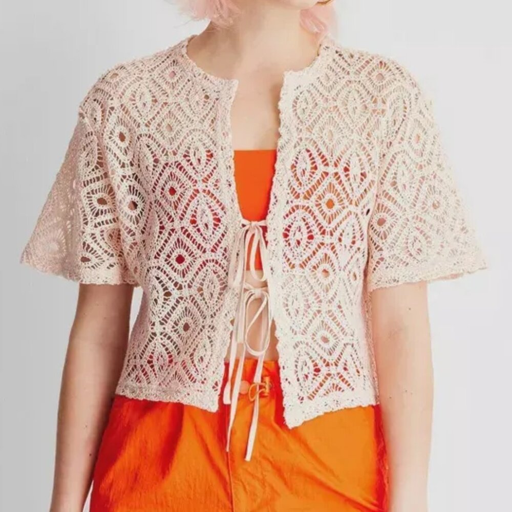 NWT Future Collective Alani Noelle Linen Crochet Short Sleeve Tie Front Top